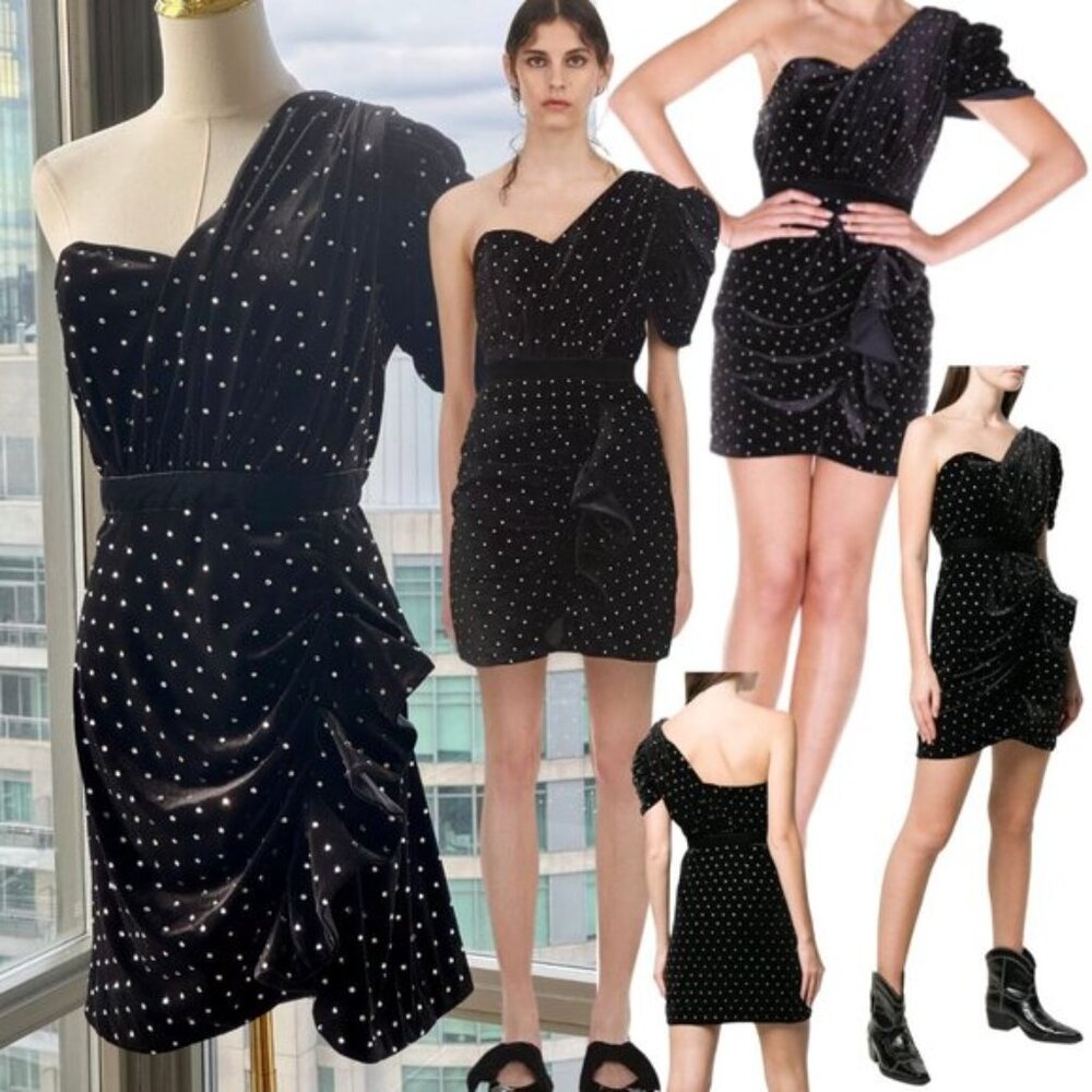 🆕 SELF-PORTRAIT 🧿 NWOT Velvet Diamante One Shoulder Mini Dress, Sz UK 12 US 8